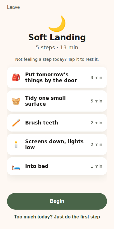 Anchor's glance screen listing the five steps of a Soft Landing evening routine